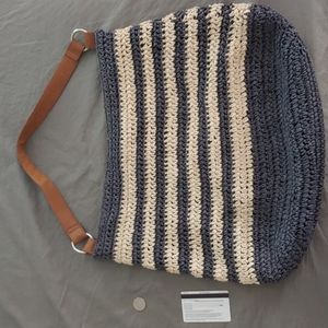 Striped "Straw Studios" Purse, Blue and Cream